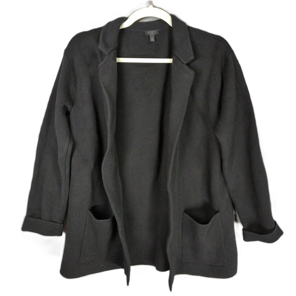 Talbots Sweaters - Talbots Sweater Blazer‎ Womens Petite M Black Cotton Blend Open Front